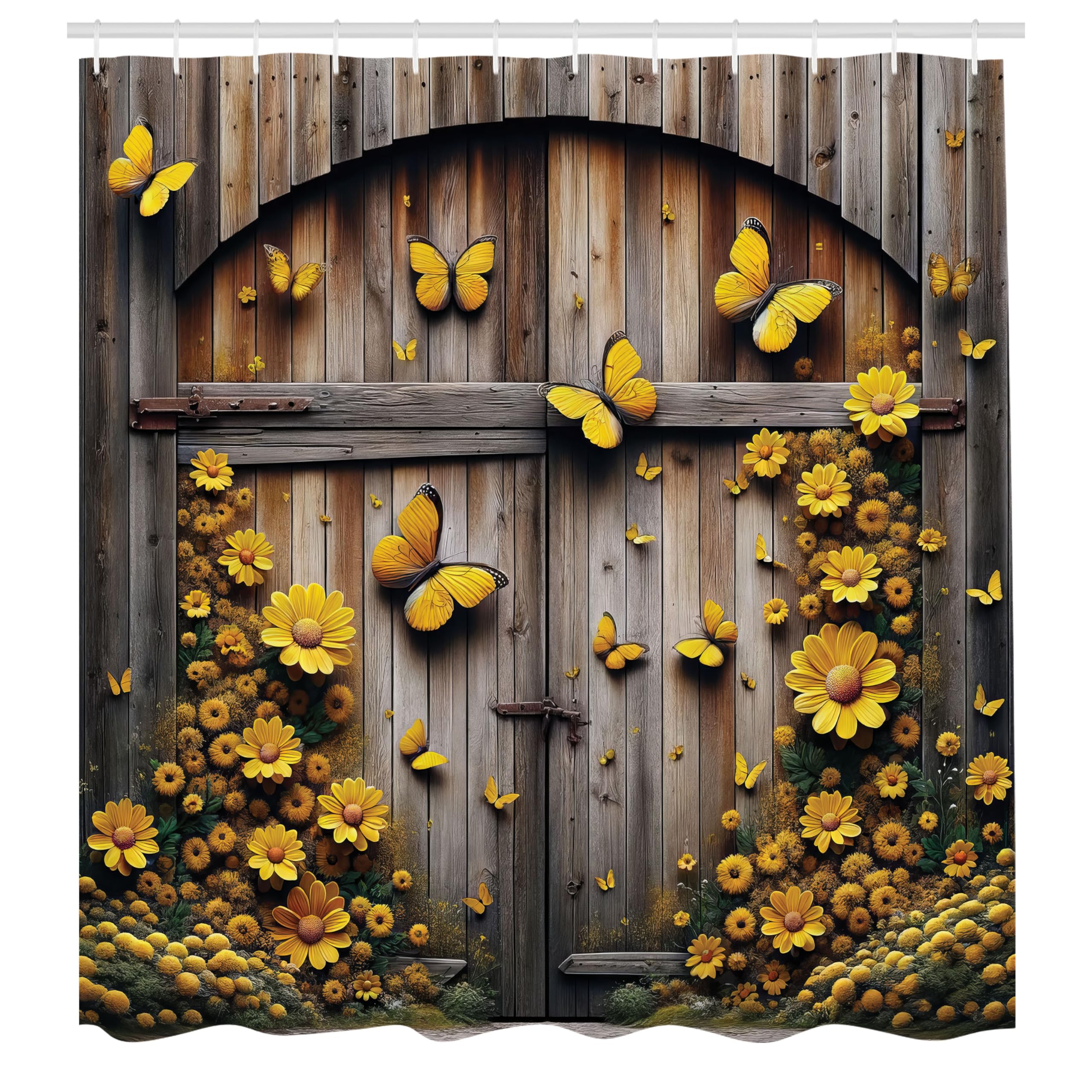 Ambesonne Rustic Shower Curtain, Wooden Barn With Yellow Tone Butterflies And Flowers Farmhouse Romance, Cloth Fabric Bathroom D